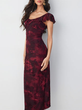 Mesh Flocking Floral Graphic Square Neck Ruffled Mermaid Maxi Dress