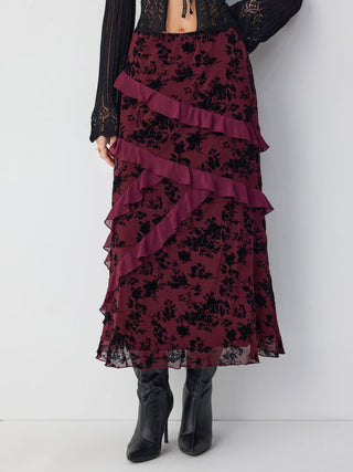 Mesh Mid Rise Floral Ruffled Maxi Skirt