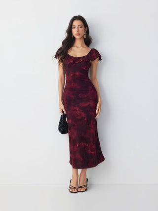 Mesh Flocking Floral Graphic Square Neck Ruffled Mermaid Maxi Dress