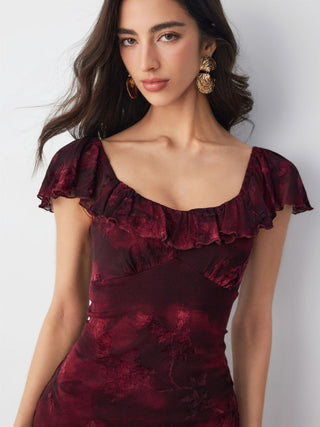 Mesh Flocking Floral Graphic Square Neck Ruffled Mermaid Maxi Dress