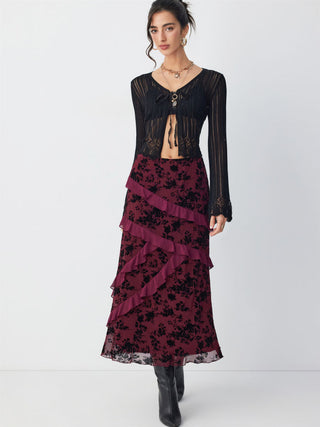 Mesh Mid Rise Floral Ruffled Maxi Skirt
