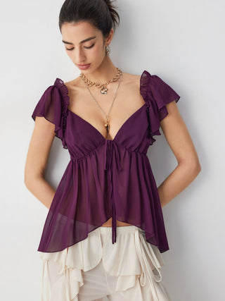 Chiffon V-neck Ruffled Sleeve Tie Front Backless Cami Blouse