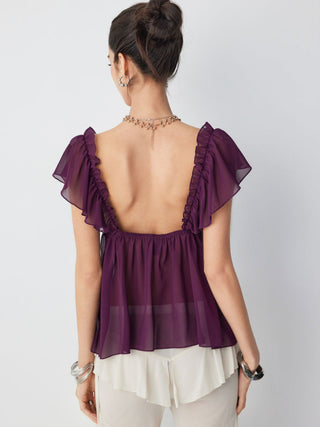 Chiffon V-neck Ruffled Sleeve Tie Front Backless Cami Blouse