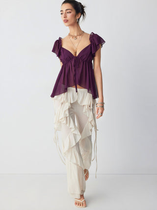 Chiffon V-neck Ruffled Sleeve Tie Front Backless Cami Blouse