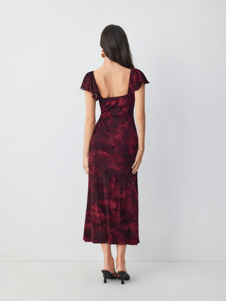 Mesh Flocking Floral Graphic Square Neck Ruffled Mermaid Maxi Dress
