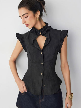 Textured Stand Collar Ruffle Cut Out Metal Detail Blouse