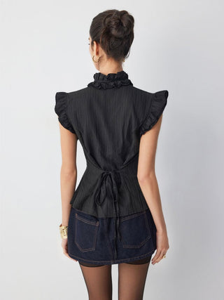 Textured Stand Collar Ruffle Cut Out Metal Detail Blouse