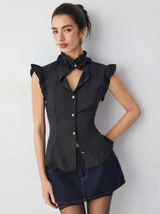 Textured Stand Collar Ruffle Cut Out Metal Detail Blouse