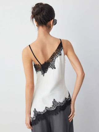 Satin Asymmetrical Neck Contrasting Lace Trim Asymmetrical Hem Cami Blouse