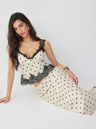 Satin Polka Dot Lace Top & Mid Rise Mermaid Maxi Skirt Set