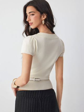 Knit Wool-blend Square Neck Puff Sleeve Top With Belt