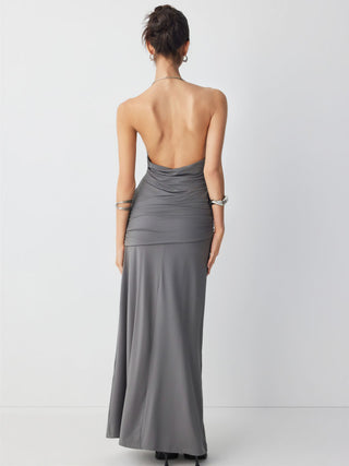 Halter Neckline Ruched Metal Detail Draped Maxi Bardot Dress