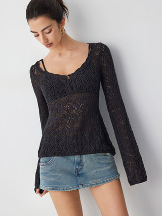 Knit Fabric Scoop Neck Hollow out Slim Top
