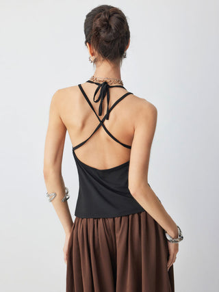 Textured V-neck Ruched Halter Twist Knotted Cami Top