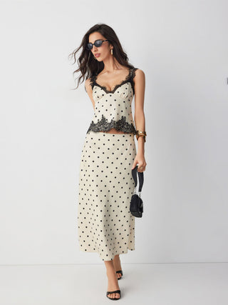 Satin Polka Dot Lace Top & Mid Rise Mermaid Maxi Skirt Set