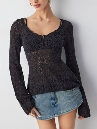 Knit Fabric Scoop Neck Hollow out Slim Top