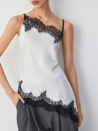 Satin Asymmetrical Neck Contrasting Lace Trim Asymmetrical Hem Cami Blouse