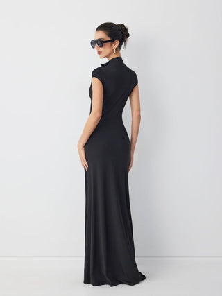 High Neck Asymmetrical Cut Out Split A-line Maxi Dress