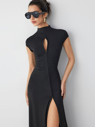 High Neck Asymmetrical Cut Out Split A-line Maxi Dress
