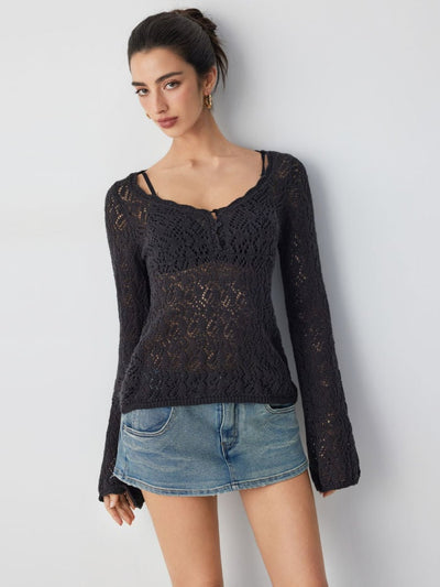 Knit Fabric Scoop Neck Hollow out Slim Top