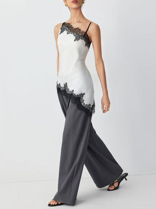 Satin Asymmetrical Neck Contrasting Lace Trim Asymmetrical Hem Cami Blouse