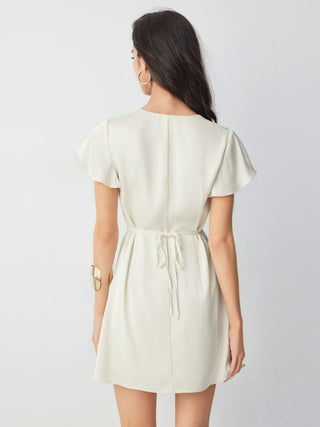 Satin V-neck Ruffle Sleeve Lace Trim Tie Front A-line Mini Dress