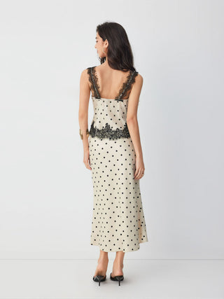Satin Polka Dot Lace Top & Mid Rise Mermaid Maxi Skirt Set