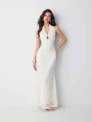 Lace Halter V-neck Cut Out Bowknot A-line Maxi Dress