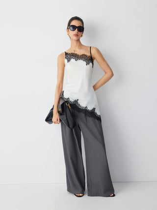 Satin Asymmetrical Neck Contrasting Lace Trim Asymmetrical Hem Cami Blouse