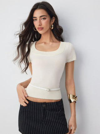 Knit Wool-blend Square Neck Puff Sleeve Top With Belt