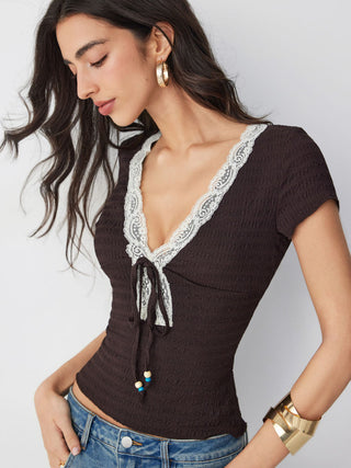 Textured V-neck Lace Trim Tie Front Short Sleeve Blouse