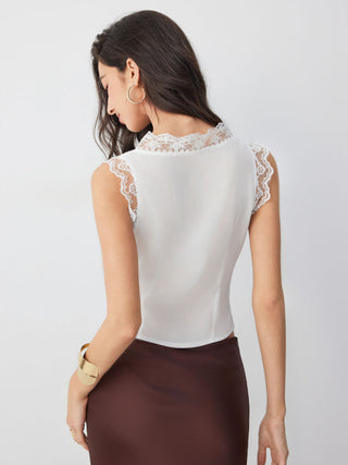 Textured V-neck Lace Trim Criss Cross Short Blouse