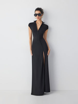 High Neck Asymmetrical Cut Out Split A-line Maxi Dress