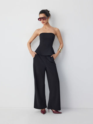 Peplum Bandeau Top & Mid Rise Straight Leg Trousers Set
