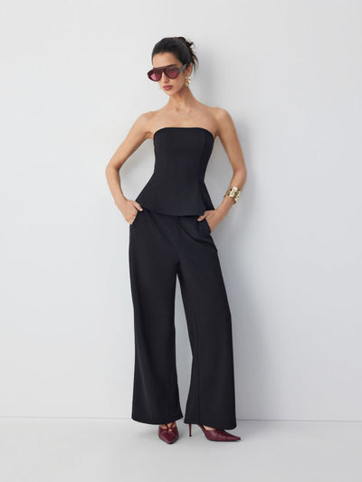 Peplum Bandeau Top & Mid Rise Straight Leg Trousers Set
