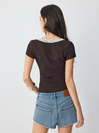 Textured V-neck Lace Trim Tie Front Short Sleeve Blouse