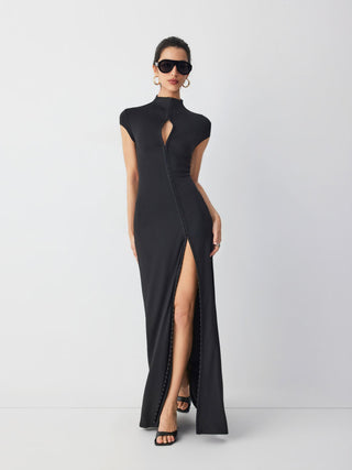 High Neck Asymmetrical Cut Out Split A-line Maxi Dress
