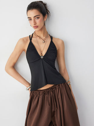Textured V-neck Ruched Halter Twist Knotted Cami Top