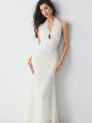 Lace Halter V-neck Cut Out Bowknot A-line Maxi Dress