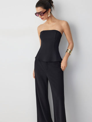 Peplum Bandeau Top & Mid Rise Straight Leg Trousers Set