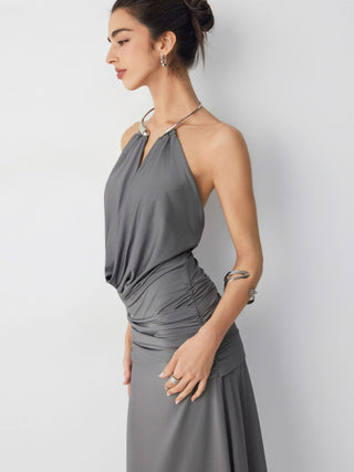 Halter Neckline Ruched Metal Detail Draped Maxi Bardot Dress