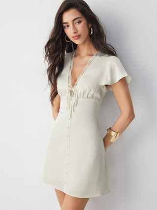 Satin V-neck Ruffle Sleeve Lace Trim Tie Front A-line Mini Dress