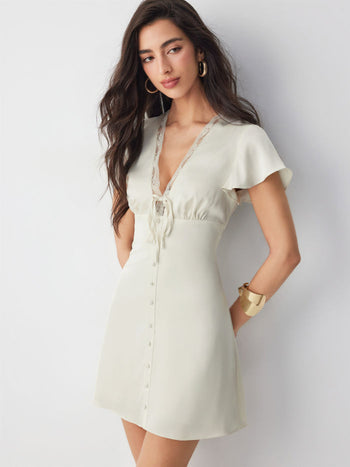 Satin V-neck Ruffle Sleeve Lace Trim Tie Front A-line Mini Dress