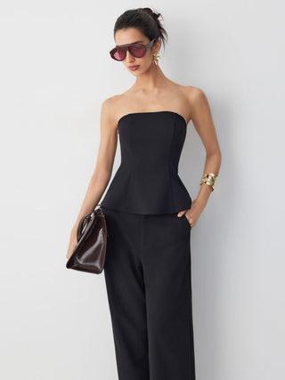 Peplum Bandeau Top & Mid Rise Straight Leg Trousers Set
