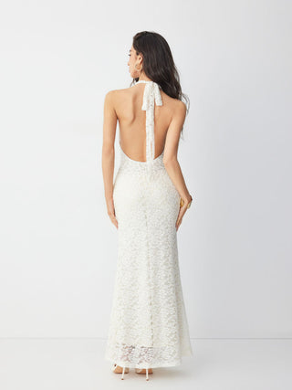 Lace Halter V-neck Cut Out Bowknot A-line Maxi Dress