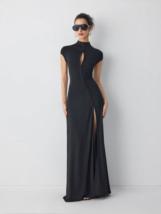 High Neck Asymmetrical Cut Out Split A-line Maxi Dress