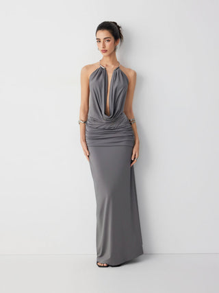 Halter Neckline Ruched Metal Detail Draped Maxi Bardot Dress