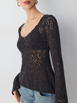 Knit Fabric Scoop Neck Hollow out Slim Top