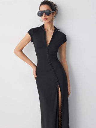 High Neck Asymmetrical Cut Out Split A-line Maxi Dress