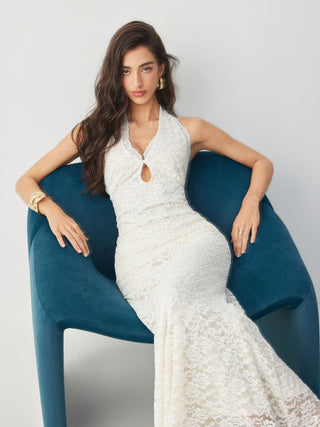 Lace Halter V-neck Cut Out Bowknot A-line Maxi Dress